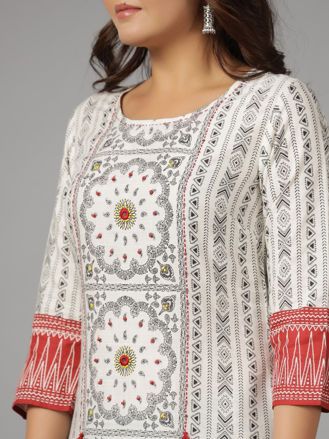 Juniper Women's White Ethnic Motif Printed Rayon Slub Kurta With Beads & Sequins - Distacart