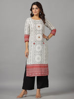 Thumbnail for Juniper Women's White Ethnic Motif Printed Rayon Slub Kurta With Beads & Sequins - Distacart