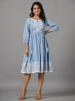 Thumbnail for Juniper Women's Sky Blue Ethnic Motif Printed Pure Cotton Dress With Beads & Sequins Work - Distacart