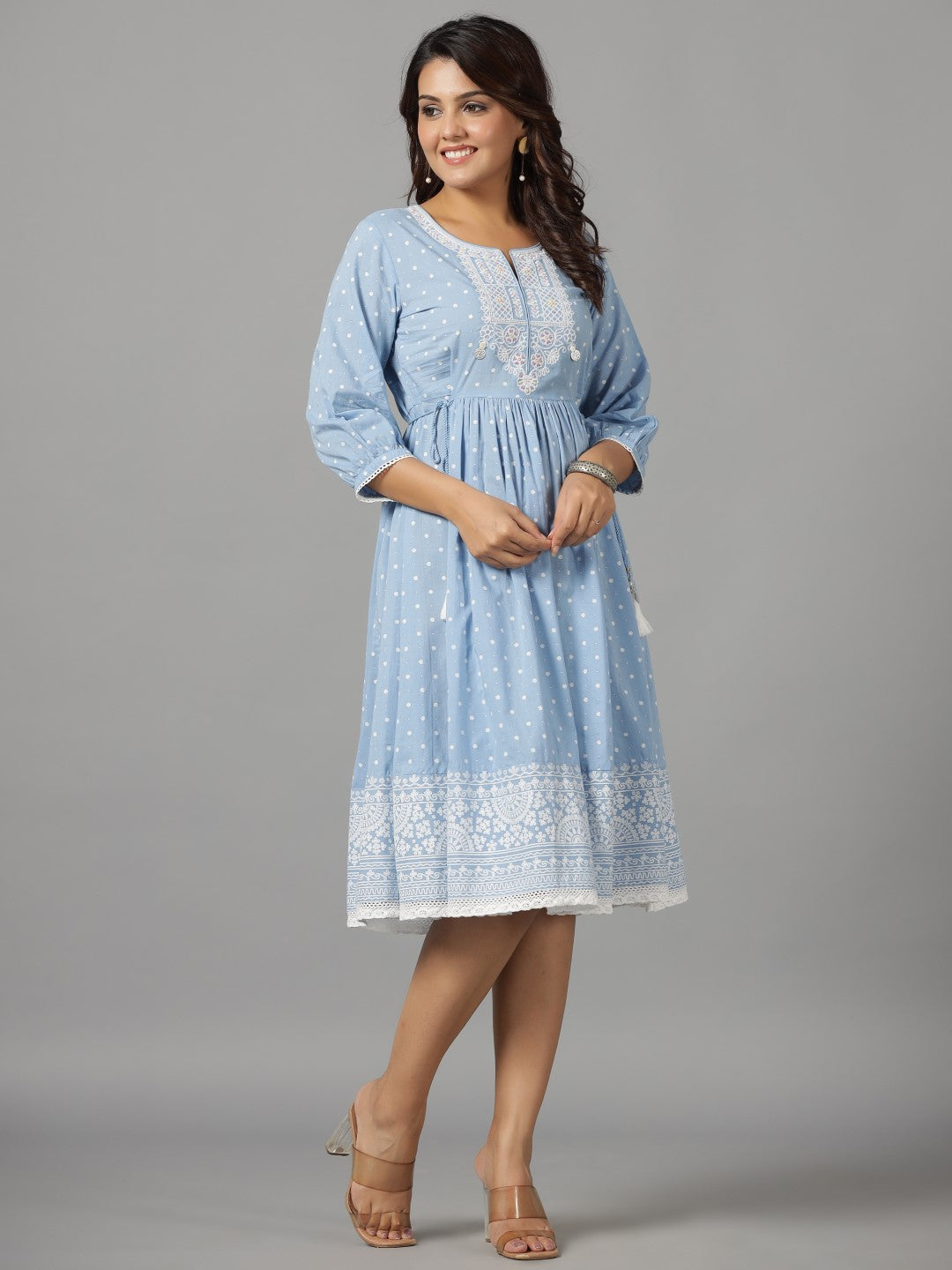 Juniper Women's Sky Blue Ethnic Motif Printed Pure Cotton Dress With Beads & Sequins Work - Distacart