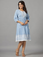 Thumbnail for Juniper Women's Sky Blue Ethnic Motif Printed Pure Cotton Dress With Beads & Sequins Work - Distacart