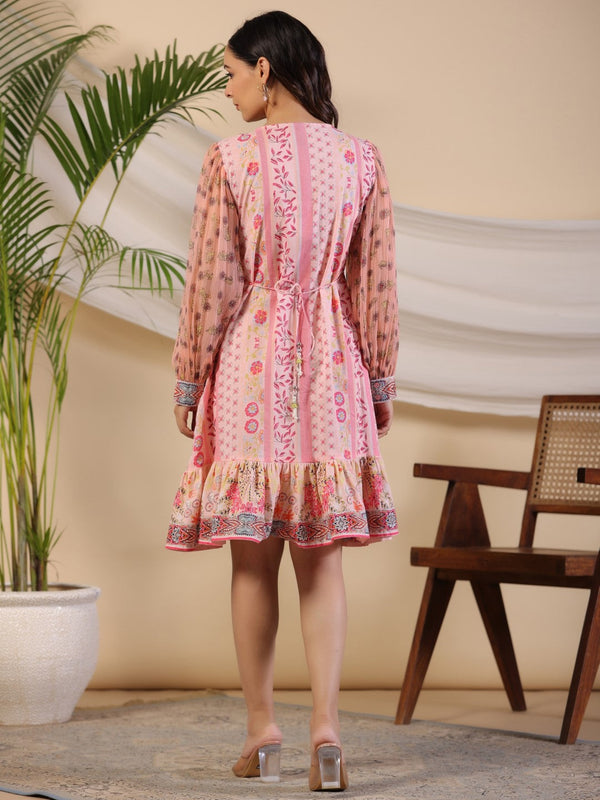 Juniper Women's Pink Wonderland Floral Printed Pure Cotton Midi Dress With Pintucks & 3D Handwork - Distacart