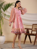 Thumbnail for Juniper Women's Pink Wonderland Floral Printed Pure Cotton Midi Dress With Pintucks & 3D Handwork - Distacart