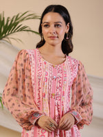 Thumbnail for Juniper Women's Pink Wonderland Floral Printed Pure Cotton Midi Dress With Pintucks & 3D Handwork - Distacart