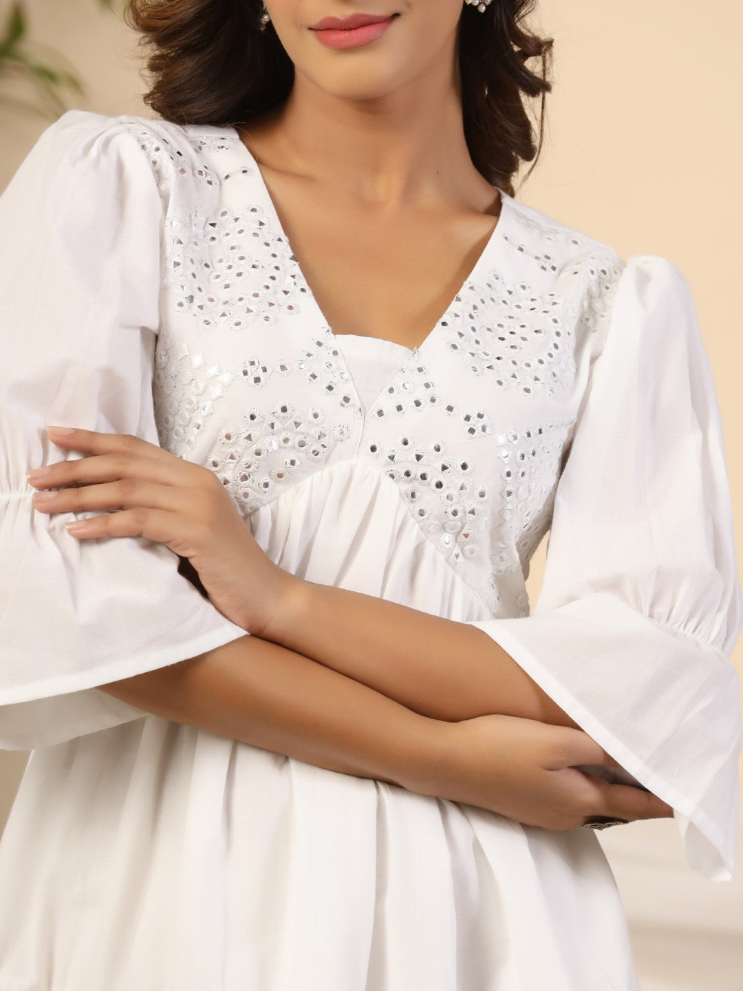 Juniper Women's White Pure Cotton Alia Cut Mirror Work Tiered Midi Dress With Lining
