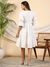 Thumbnail for Juniper Women's White Pure Cotton Alia Cut Mirror Work Tiered Midi Dress With Lining