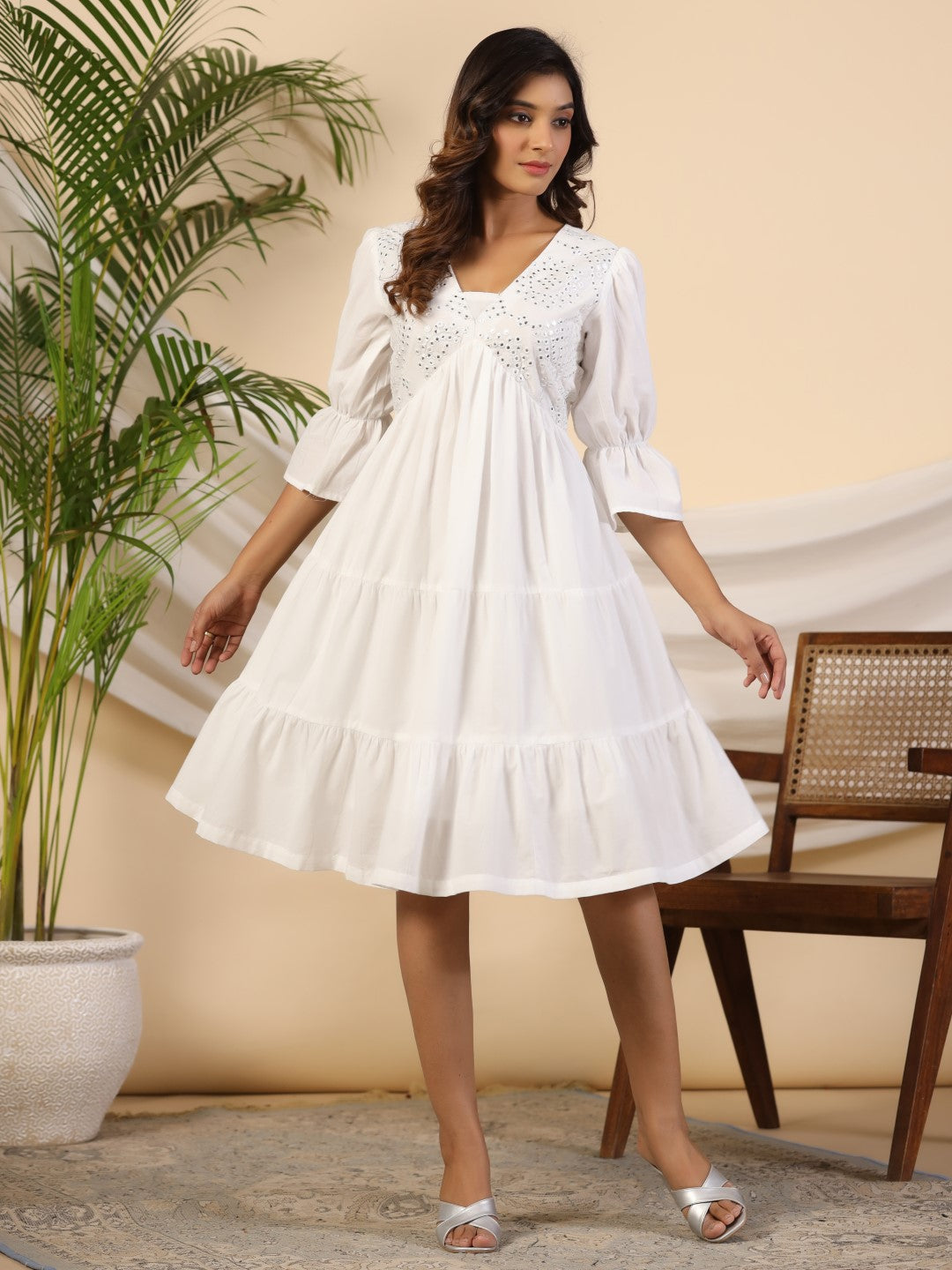 Juniper Women's White Pure Cotton Alia Cut Mirror Work Tiered Midi Dress With Lining