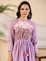 Thumbnail for Juniper Purple Wonderland Cotton & Chiffon Floral Printed Tiered Maxi Dress With Lace & 3D Handwork - Distacart