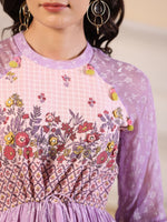 Thumbnail for Juniper Purple Wonderland Cotton & Chiffon Floral Printed Tiered Maxi Dress With Lace & 3D Handwork - Distacart