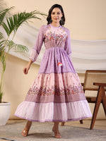 Thumbnail for Juniper Purple Wonderland Cotton & Chiffon Floral Printed Tiered Maxi Dress With Lace & 3D Handwork - Distacart