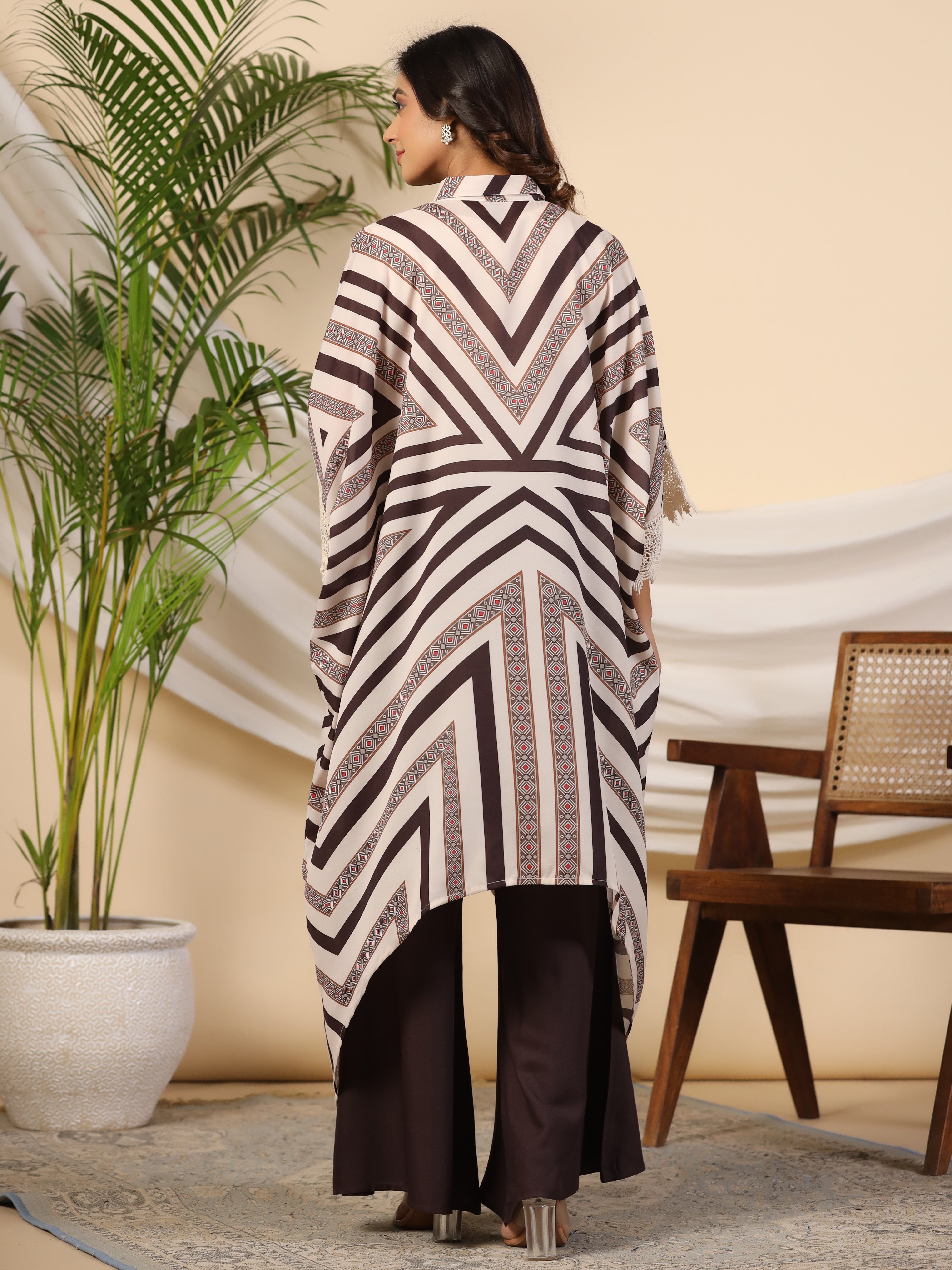 Juniper Brown Stripe Print Cotton Lacy Kaftan & Pants Co-Ord Set & Inner With Contrast Kantha And Bead Work - Distacart