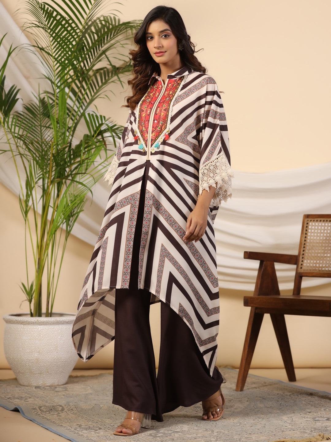 Juniper Brown Stripe Print Cotton Lacy Kaftan & Pants Co-Ord Set & Inner With Contrast Kantha And Bead Work - Distacart
