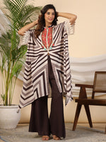 Thumbnail for Juniper Brown Stripe Print Cotton Lacy Kaftan & Pants Co-Ord Set & Inner With Contrast Kantha And Bead Work - Distacart