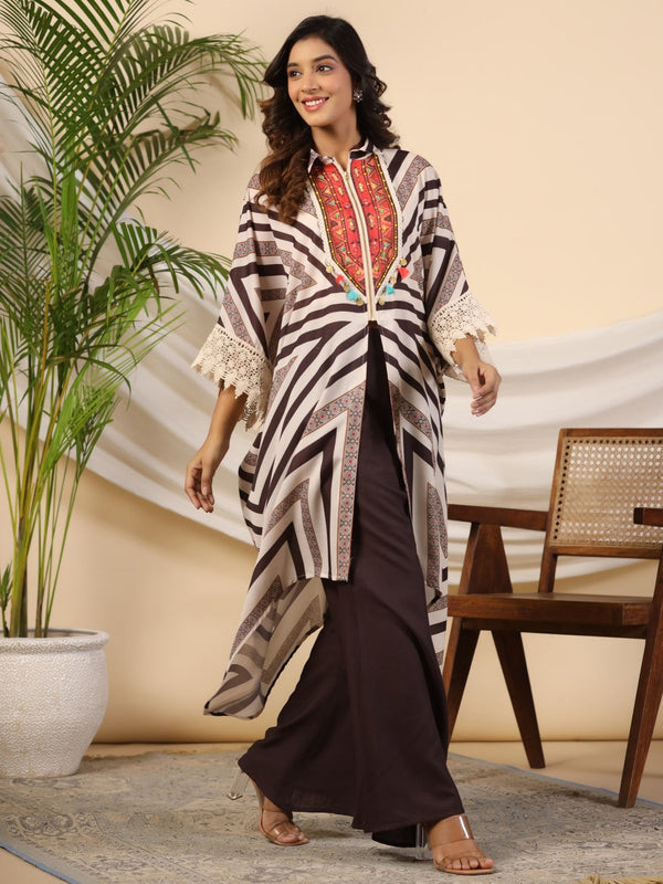 Juniper Brown Stripe Print Cotton Lacy Kaftan & Pants Co-Ord Set & Inner With Contrast Kantha And Bead Work - Distacart