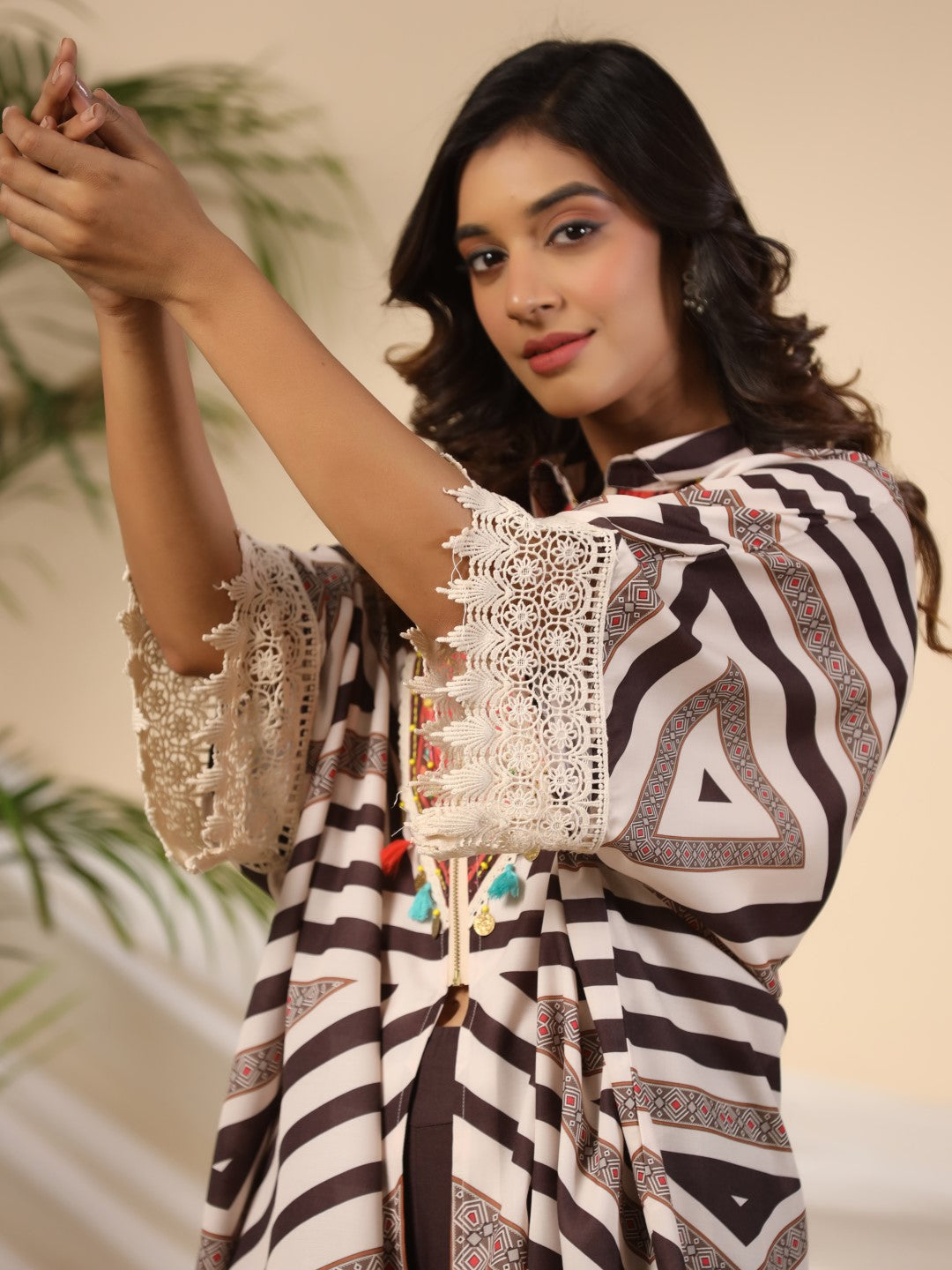 Juniper Brown Stripe Print Cotton Lacy Kaftan & Pants Co-Ord Set & Inner With Contrast Kantha And Bead Work - Distacart