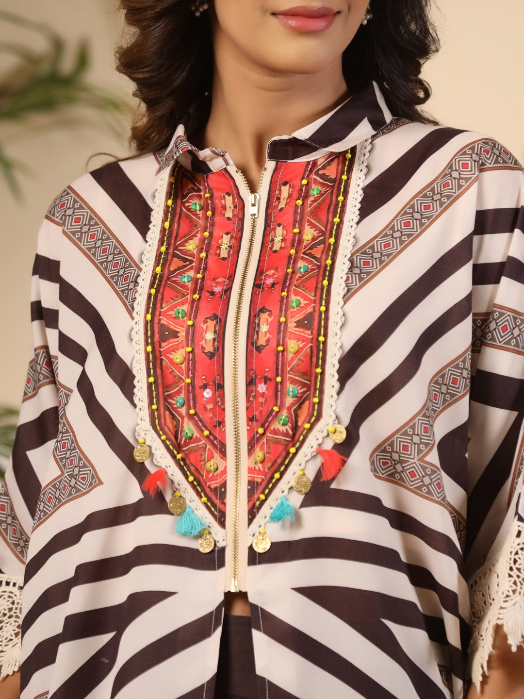 Juniper Brown Stripe Print Cotton Lacy Kaftan & Pants Co-Ord Set & Inner With Contrast Kantha And Bead Work - Distacart