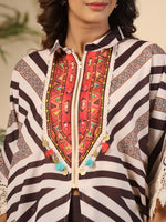 Thumbnail for Juniper Brown Stripe Print Cotton Lacy Kaftan & Pants Co-Ord Set & Inner With Contrast Kantha And Bead Work - Distacart