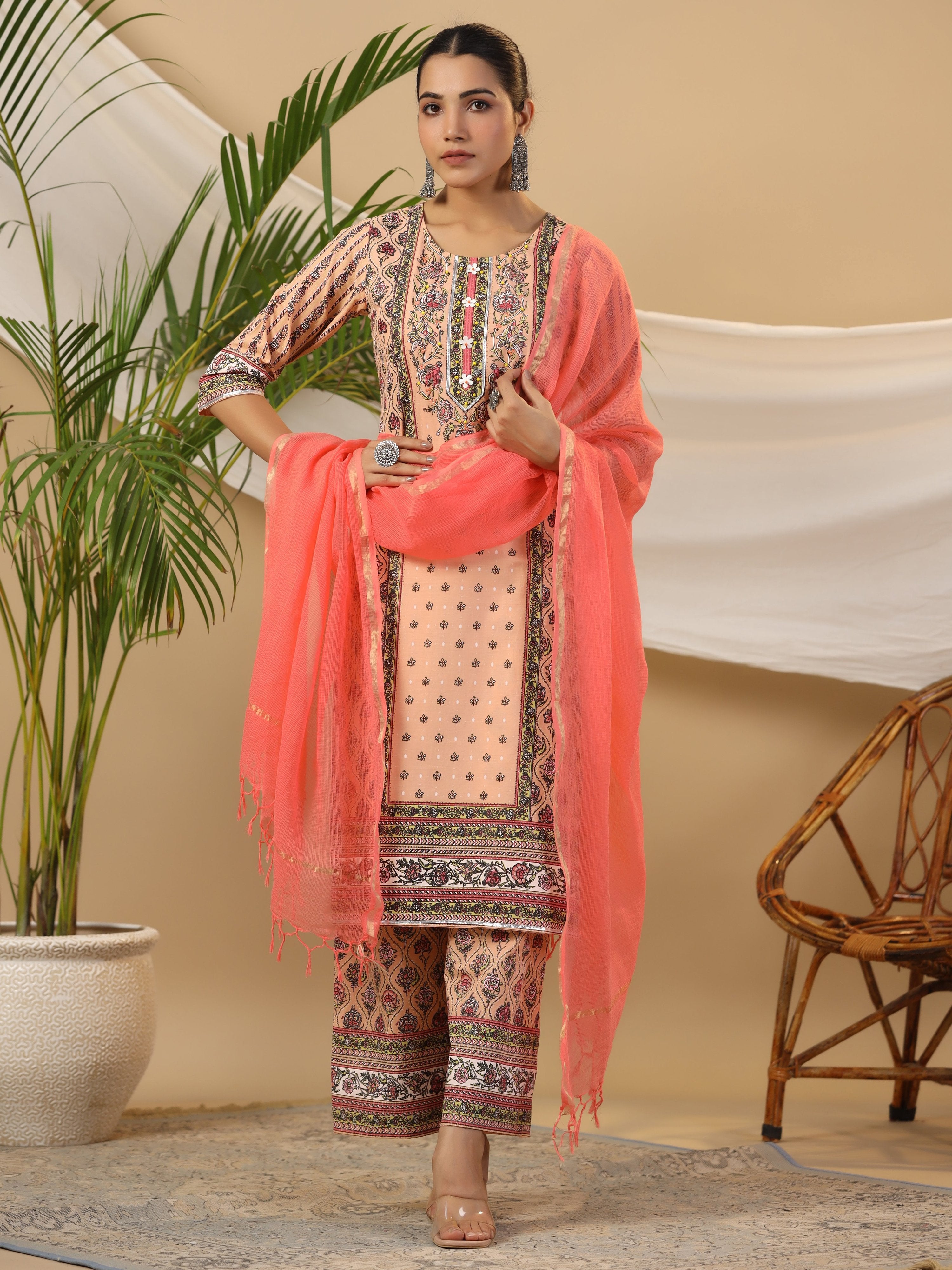 Juniper Women's Peach Ethnic Motif Printed Pure Cotton Kurta Palazzos & Kota Doria Dupatta With Beads & Sequins - Distacart