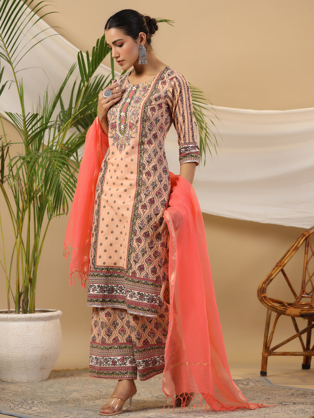 Juniper Women's Peach Ethnic Motif Printed Pure Cotton Kurta Palazzos & Kota Doria Dupatta With Beads & Sequins - Distacart