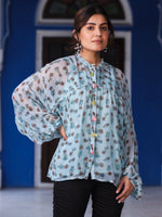 Thumbnail for Juniper Sky Blue Chiffon Floral Printed Button Detailing Tunic With Inner - Distacart
