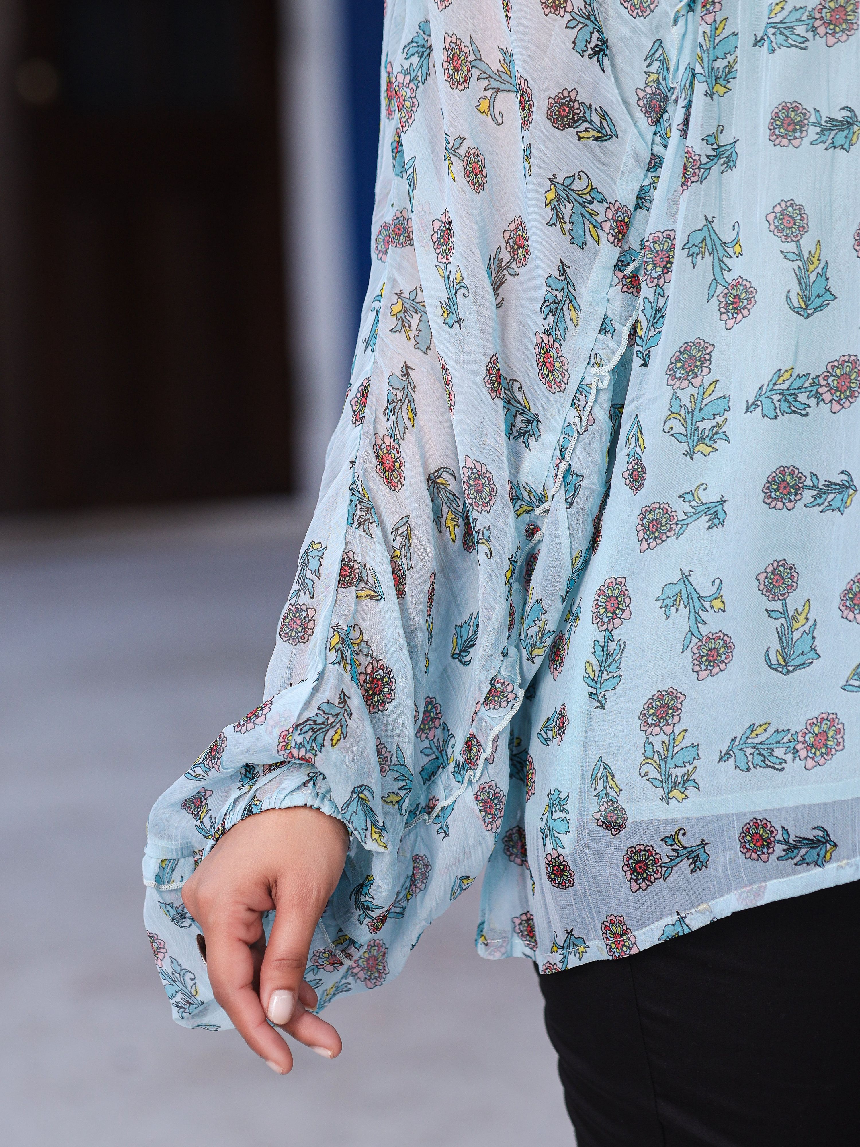 Juniper Sky Blue Chiffon Floral Printed Button Detailing Tunic With Inner - Distacart