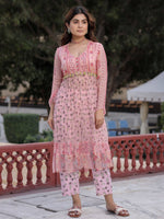 Thumbnail for Juniper Peach Floral Printed High Slit Lacy Chiffon Kurta With Pants Set (2-Pcs) - Distacart