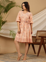 Thumbnail for Juniper Peach Floral Printed Pure Cotton Short Dress With Belt & Beads Work - Distacart