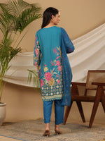Thumbnail for Juniper Blue Floral Printed Rayon Kurta Pants & Dupatta Set With Sequins Work - Distacart