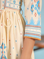 Thumbnail for Juniper Women's Off-White Rayon Ikat Printed Fit & Flare Lacy Short Dress With Dori Tie-Up At Waist - Distacart