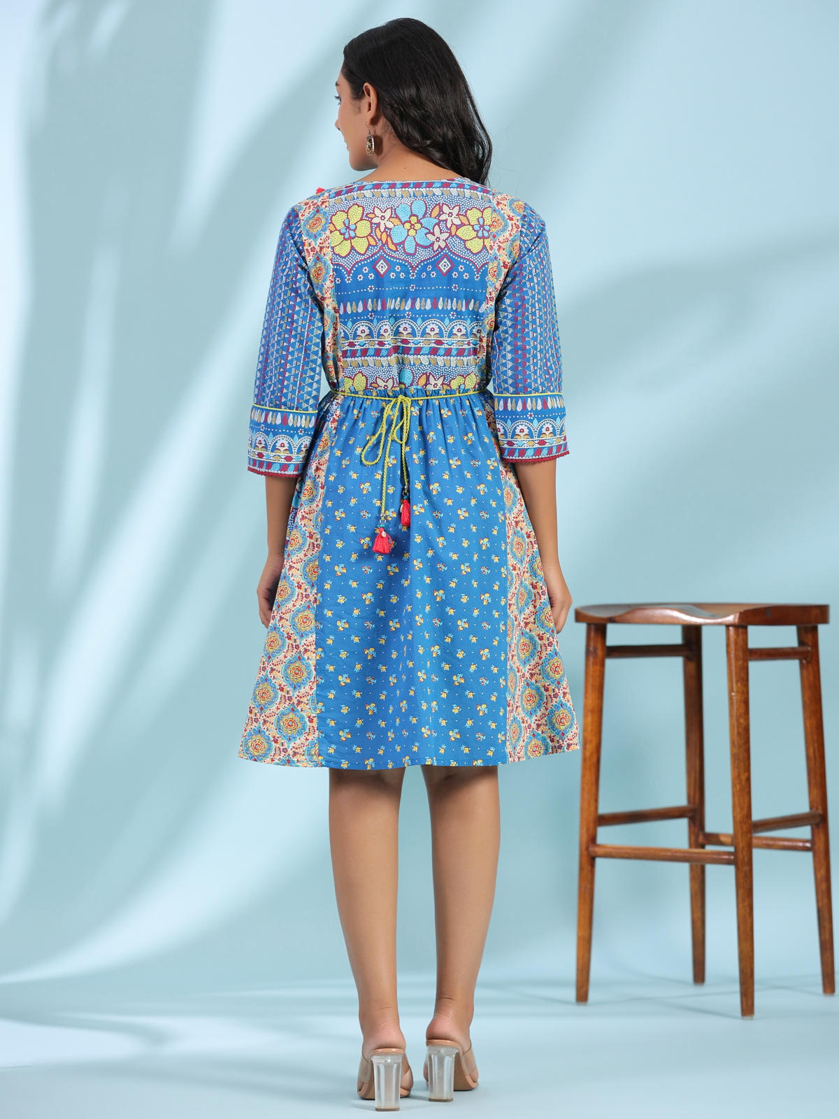 Juniper Women's Blue Floral Printed Pure Cotton Dress With Beads & sequins Work - Distacart