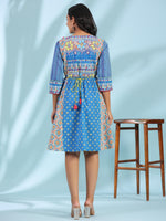 Thumbnail for Juniper Women's Blue Floral Printed Pure Cotton Dress With Beads & sequins Work - Distacart