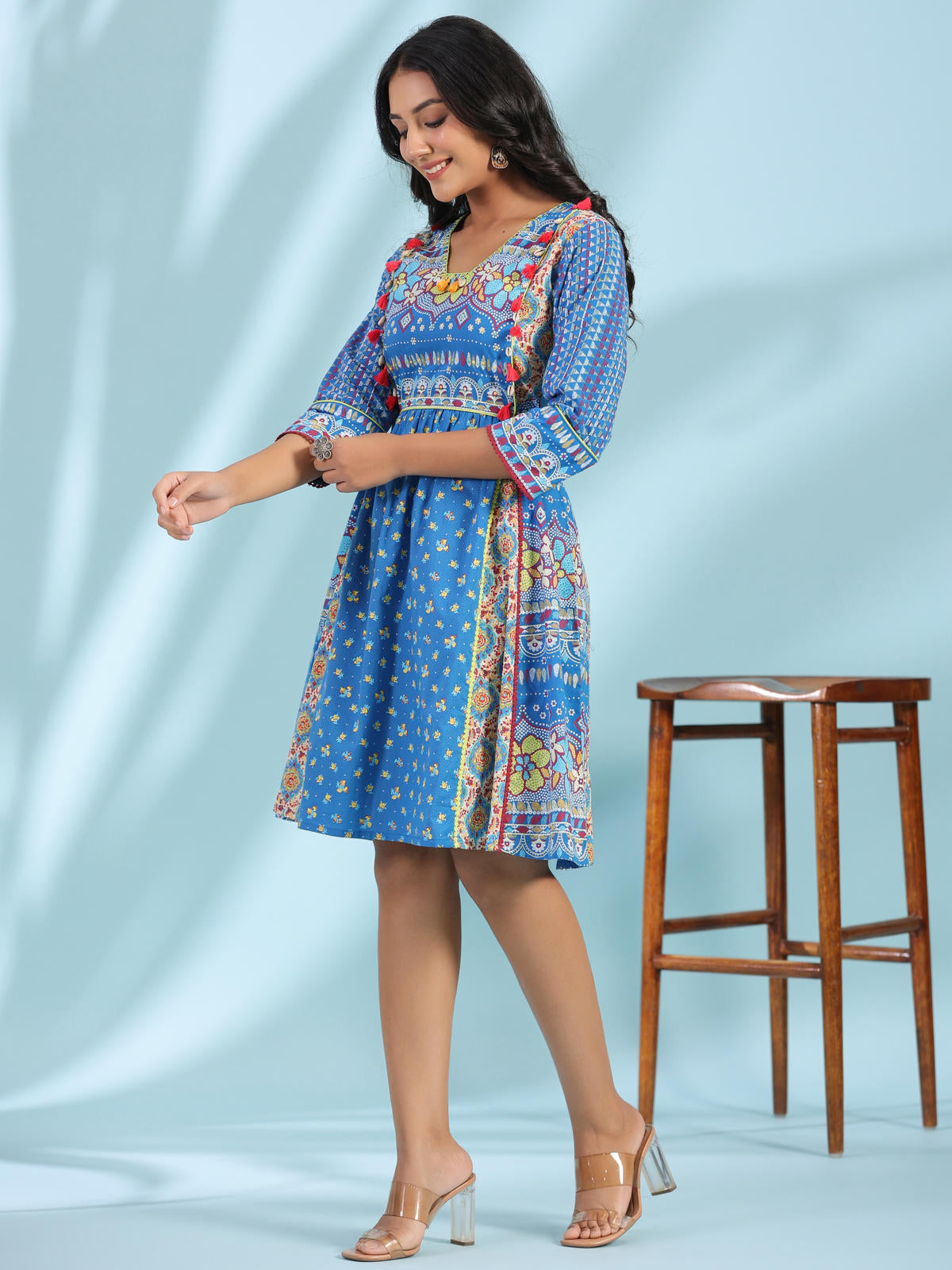 Juniper Women's Blue Floral Printed Pure Cotton Dress With Beads & sequins Work - Distacart