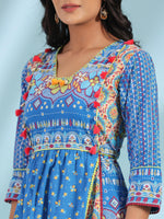 Thumbnail for Juniper Women's Blue Floral Printed Pure Cotton Dress With Beads & sequins Work - Distacart
