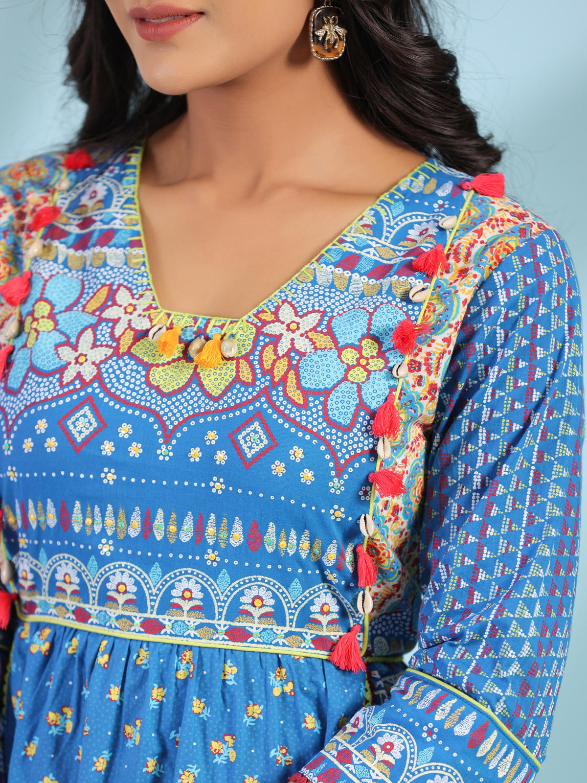 Juniper Women's Blue Floral Printed Pure Cotton Dress With Beads & sequins Work - Distacart