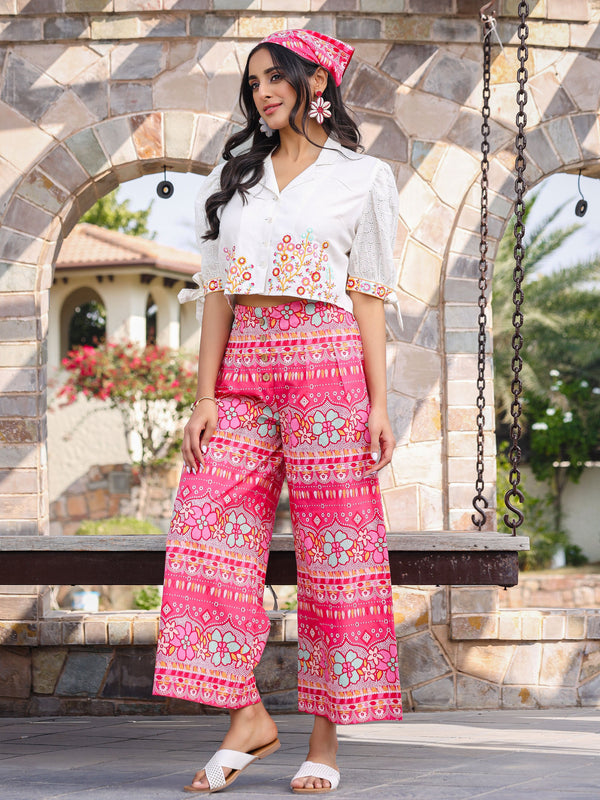 Juniper Women's Pink Printed Rayon & Cotton Schiffli Crop Top & Pants With Thread Work Embroidery - Distacart