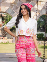 Thumbnail for Juniper Women's Pink Printed Rayon & Cotton Schiffli Crop Top & Pants With Thread Work Embroidery - Distacart