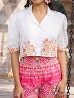 Thumbnail for Juniper Women's Pink Printed Rayon & Cotton Schiffli Crop Top & Pants With Thread Work Embroidery - Distacart