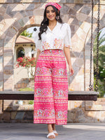 Thumbnail for Juniper Women's Pink Printed Rayon & Cotton Schiffli Crop Top & Pants With Thread Work Embroidery - Distacart