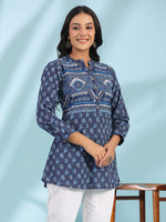 Thumbnail for Juniper Women Blue Cotton Cambric Printed A-Line Tunic - Distacart