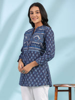 Thumbnail for Juniper Women Blue Cotton Cambric Printed A-Line Tunic - Distacart