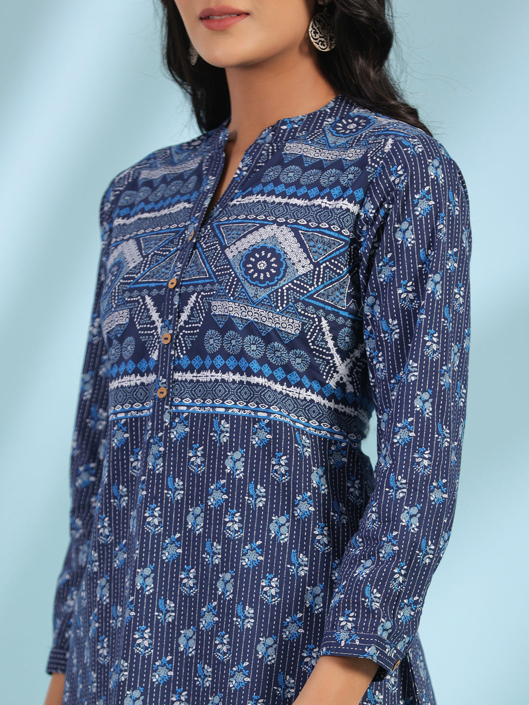 Juniper Women Blue Cotton Cambric Printed A-Line Tunic - Distacart