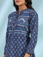 Thumbnail for Juniper Women Blue Cotton Cambric Printed A-Line Tunic - Distacart