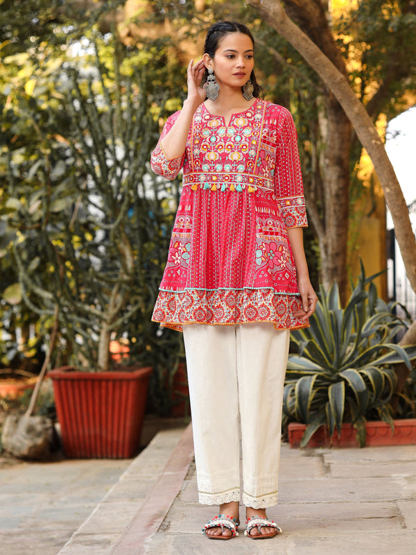 Juniper Women Pink Cotton Cambric printed & Embroidered Tunic - Distacart