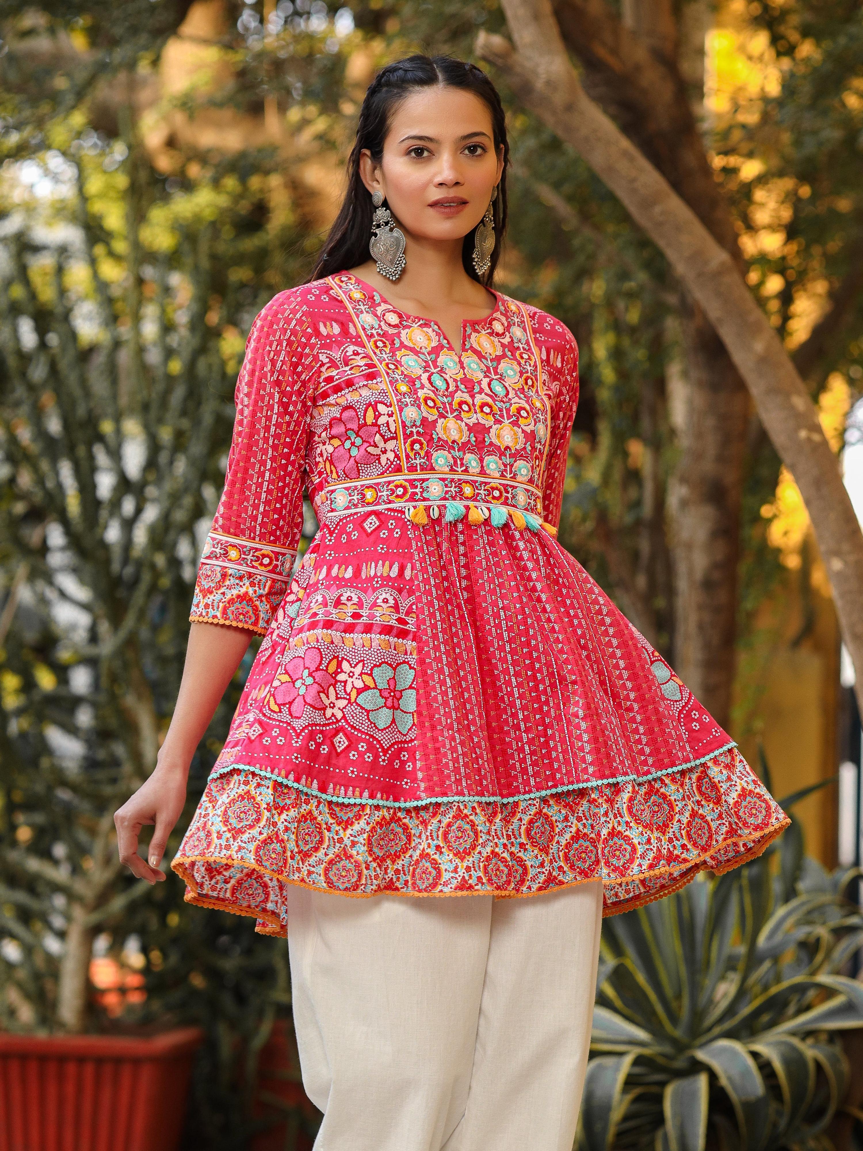 Juniper Women Pink Cotton Cambric printed & Embroidered Tunic - Distacart