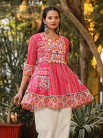 Thumbnail for Juniper Women Pink Cotton Cambric printed & Embroidered Tunic - Distacart