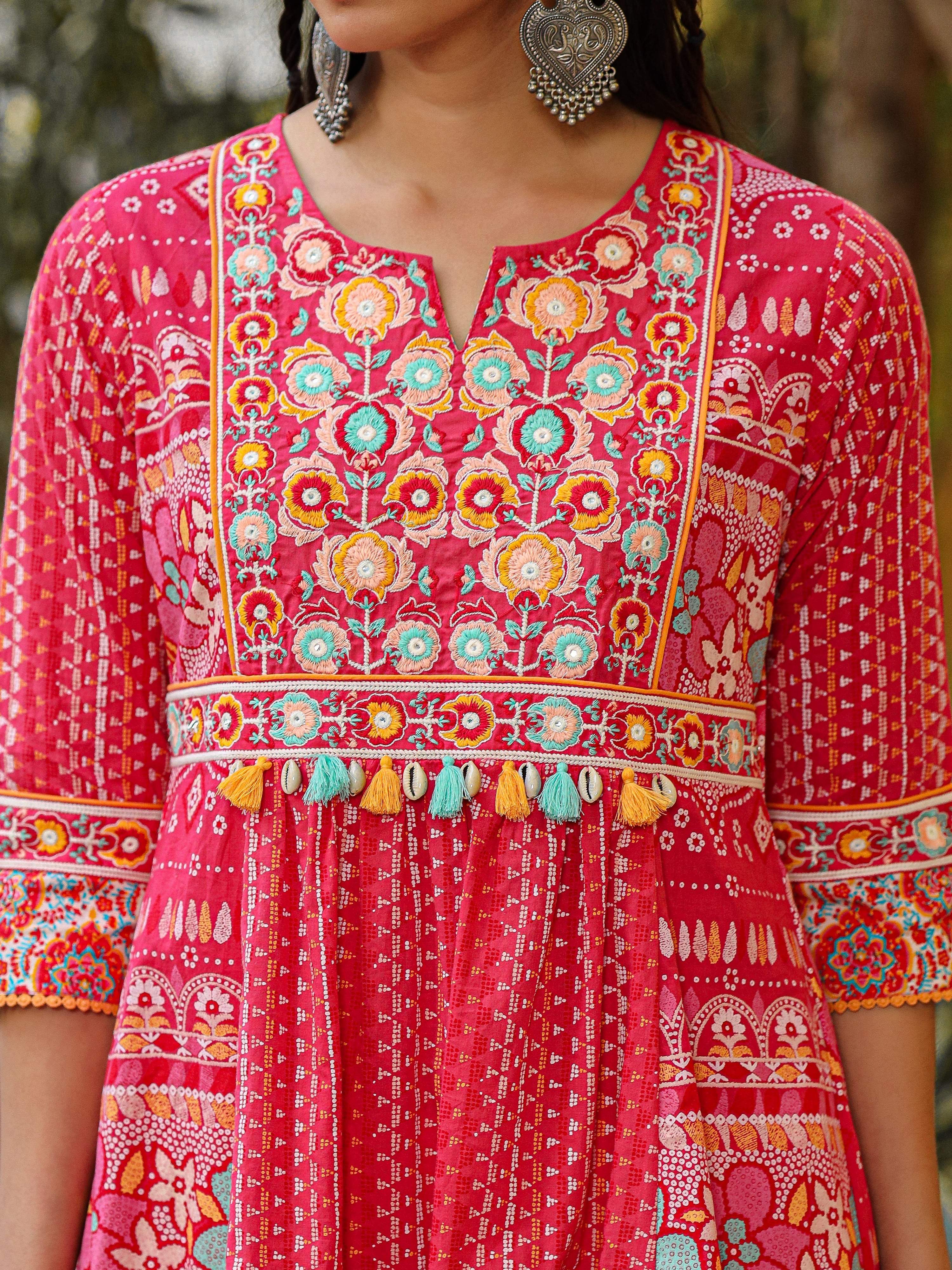 Juniper Women Pink Cotton Cambric printed & Embroidered Tunic - Distacart