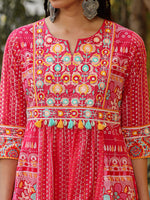 Thumbnail for Juniper Women Pink Cotton Cambric printed & Embroidered Tunic - Distacart