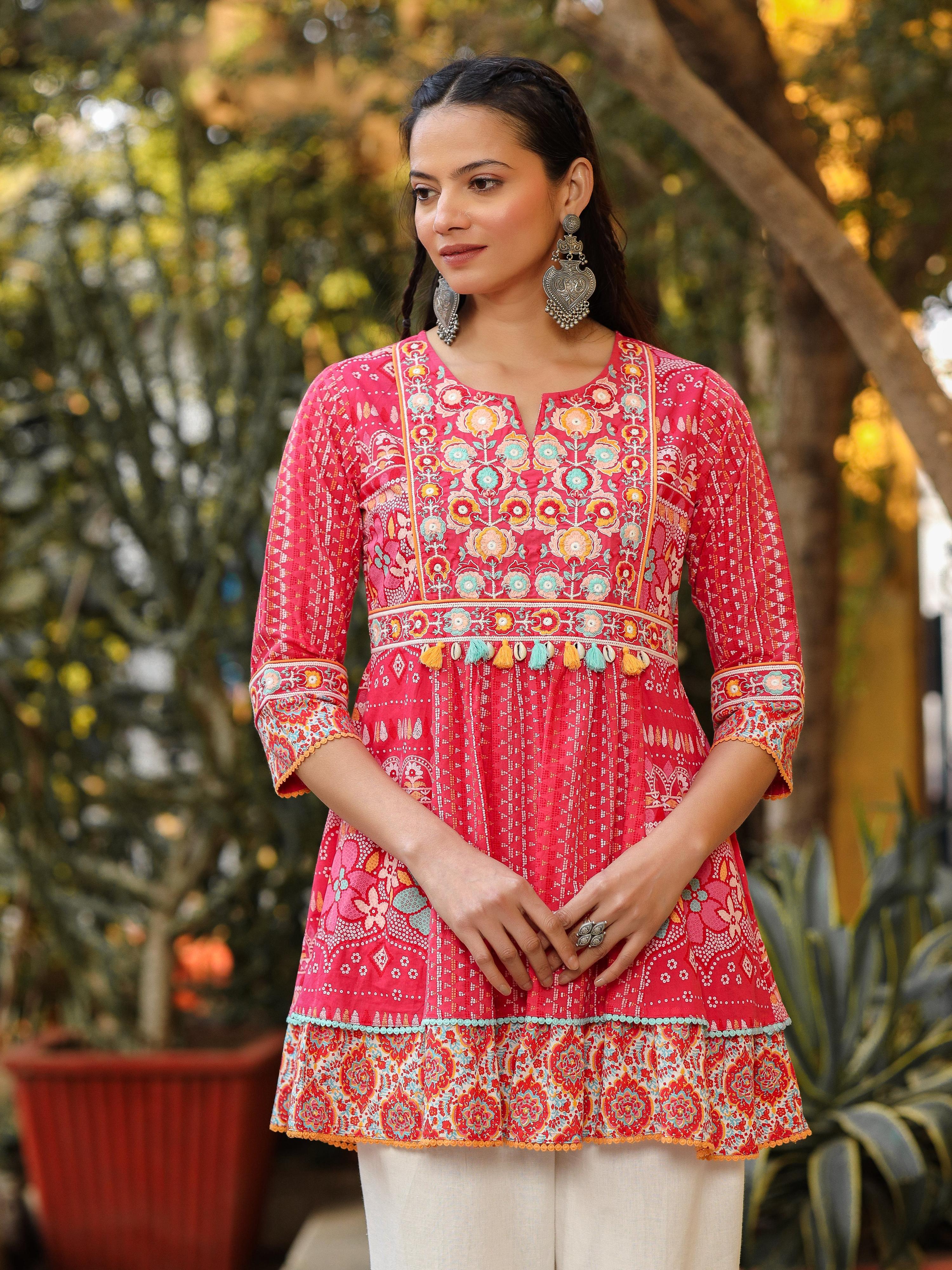 Juniper Women Pink Cotton Cambric printed & Embroidered Tunic - Distacart
