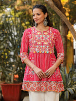 Thumbnail for Juniper Women Pink Cotton Cambric printed & Embroidered Tunic - Distacart