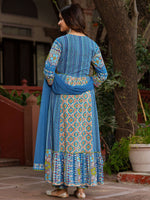 Thumbnail for Juniper Blue Floral Printed Pure Cotton Anarkali Kurta Pants & Dupatta Set With Thread Work - Distacart